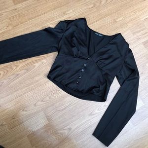 black silk plunge long sleeve blouse